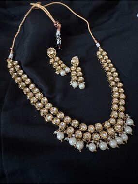 Gold-Tone Kundan Pearl Necklace & Earrings Set